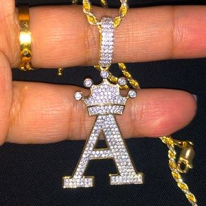 10k gold vermeil initial name pendant, VVS clarity Swarovski crystals, initial A